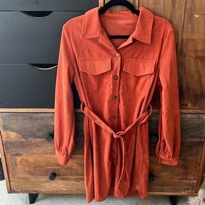 ARTFREE Corduroy Dress Button Down Long Sleeve Orange, size medium
